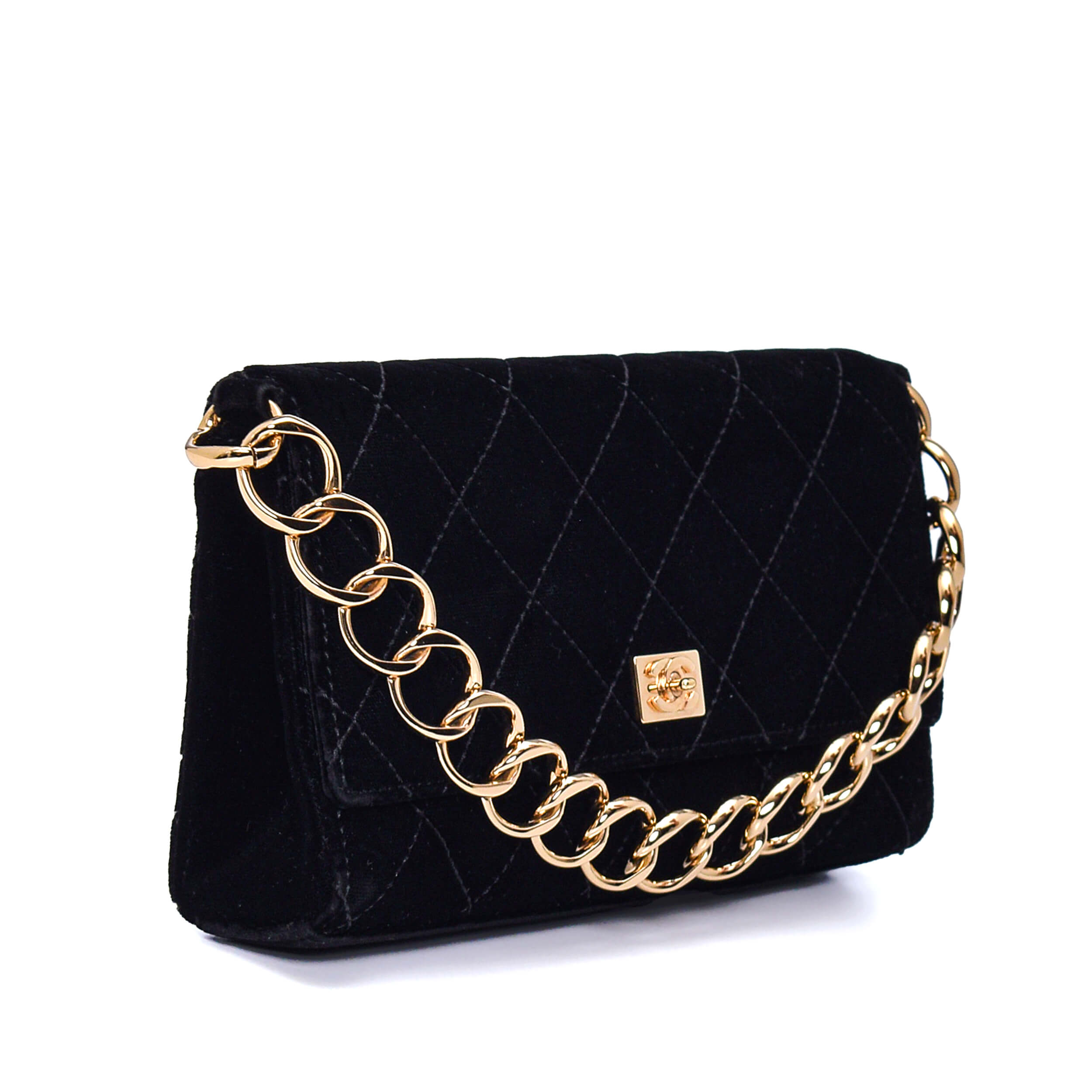 Chanel - Black Quilted Velvet Gold Chain Baguette Bag